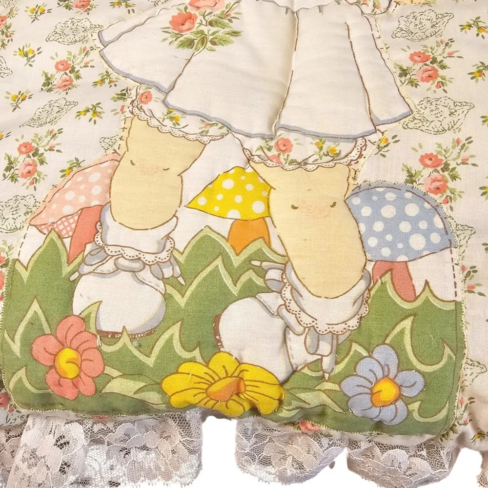 1980s Cabbage Patch Kids Lace Trim Floral Mushroom Pillow Yarn Hair 1980s 20in